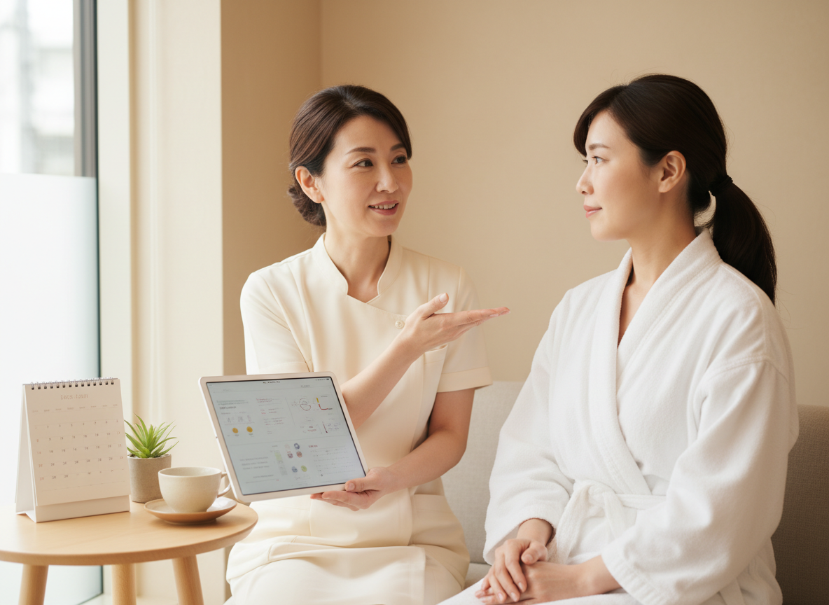 施術後の肌を見ながら次回ケアを相談するカウンセリング