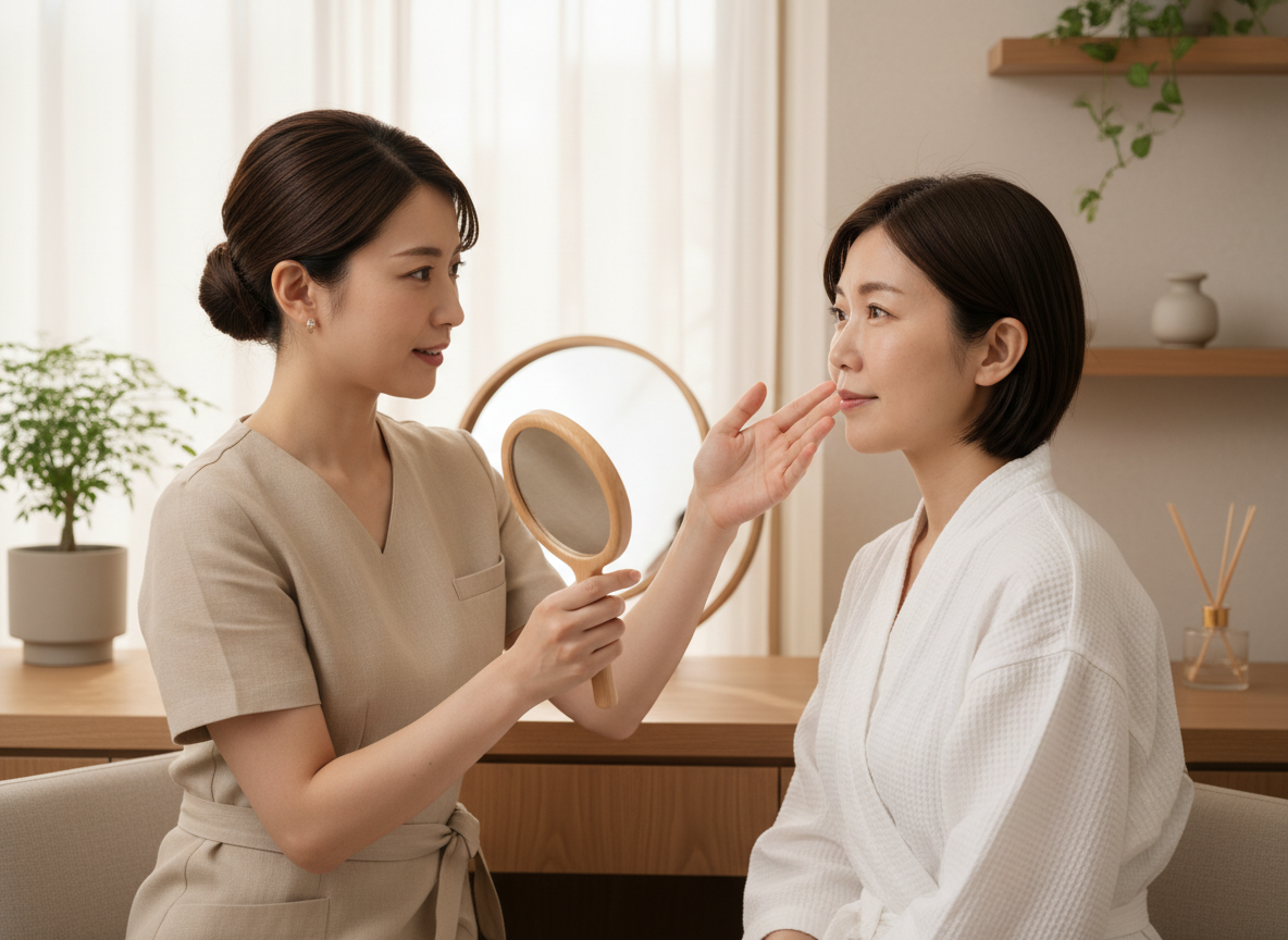 毛穴タイプに合わせたフェイシャルケアを相談する様子