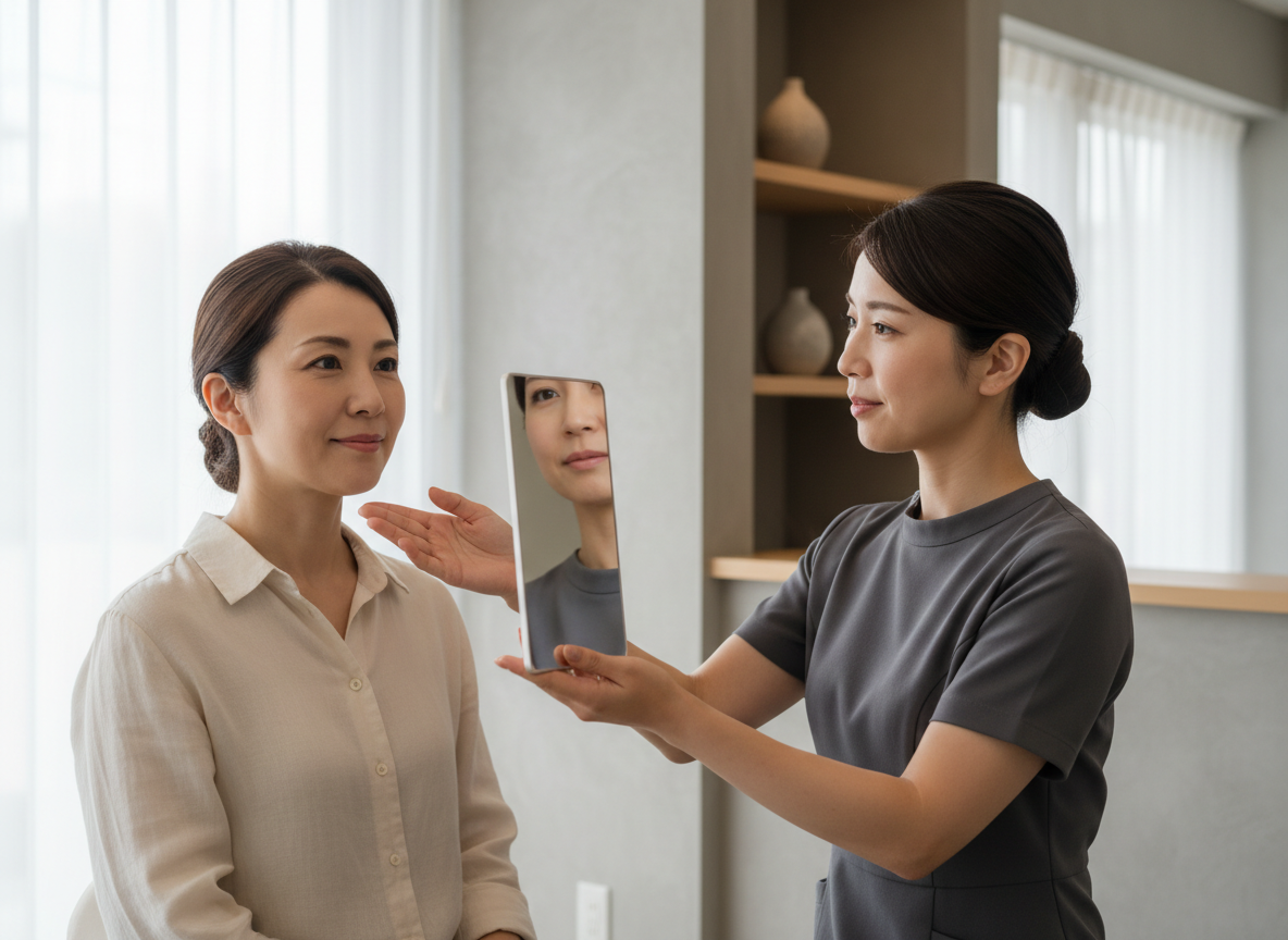 むくみや首肩の張りについて相談する美容カウンセリング