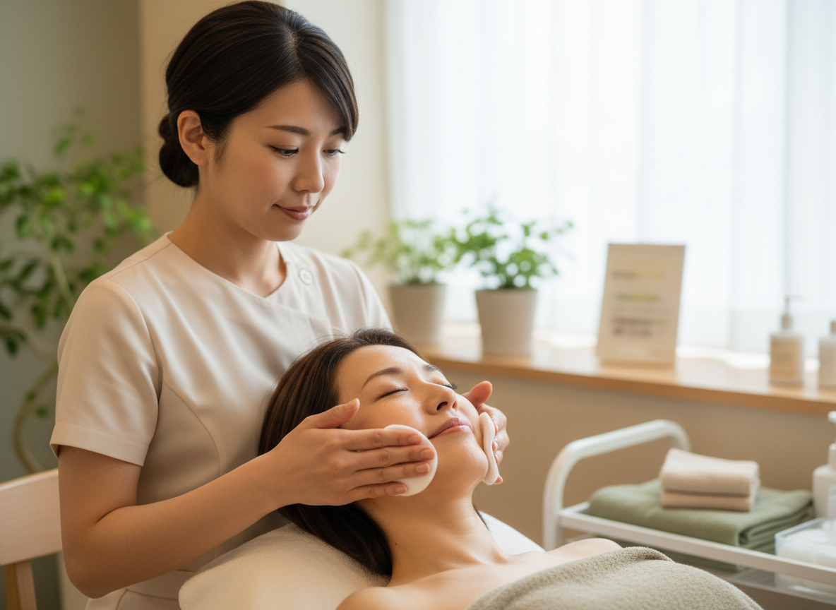 毛穴洗浄後に保湿ケアを受ける大人女性