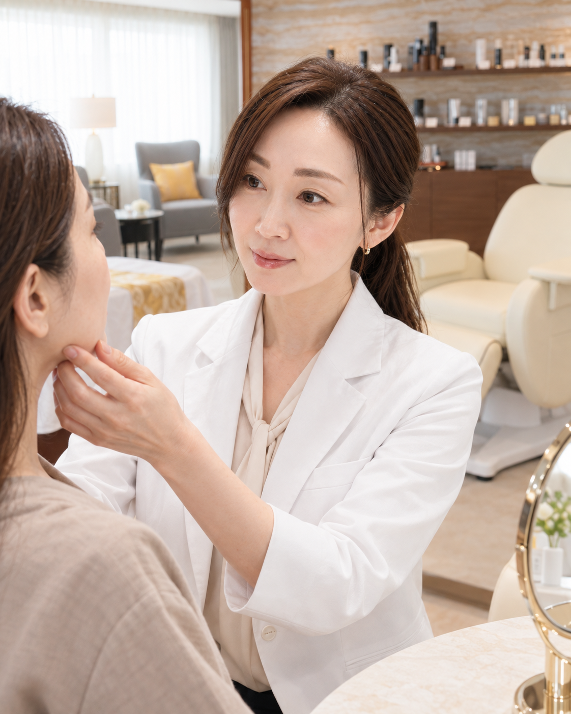 MORI先生がお客様の肌状態を確認するイメージ