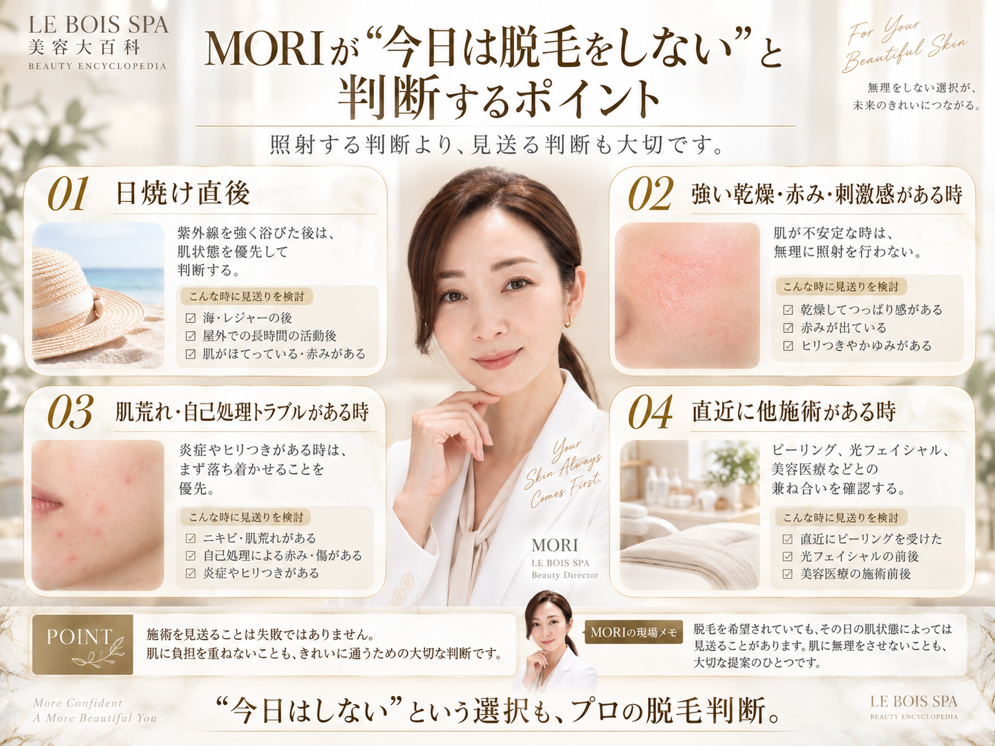 MORIが肌状態や日焼け・刺激・他施術の予定から脱毛を見送る判断ポイントを整理した図解