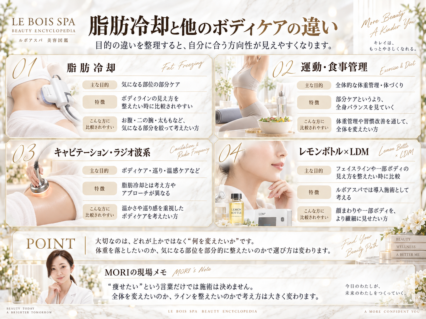 脂肪冷却と運動食事管理・キャビテーション・ラジオ波・レモンボトルLDMの比較図
