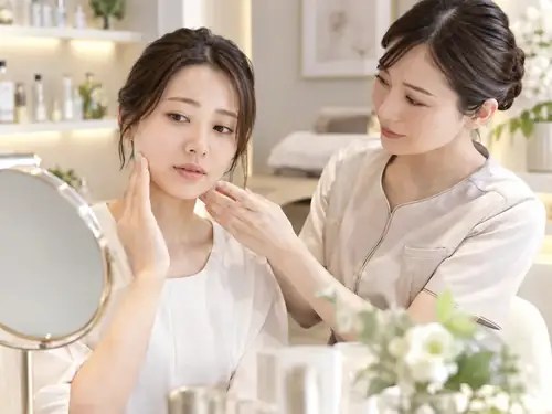 頬やフェイスラインのハリ不足を確認する美容カウンセリング