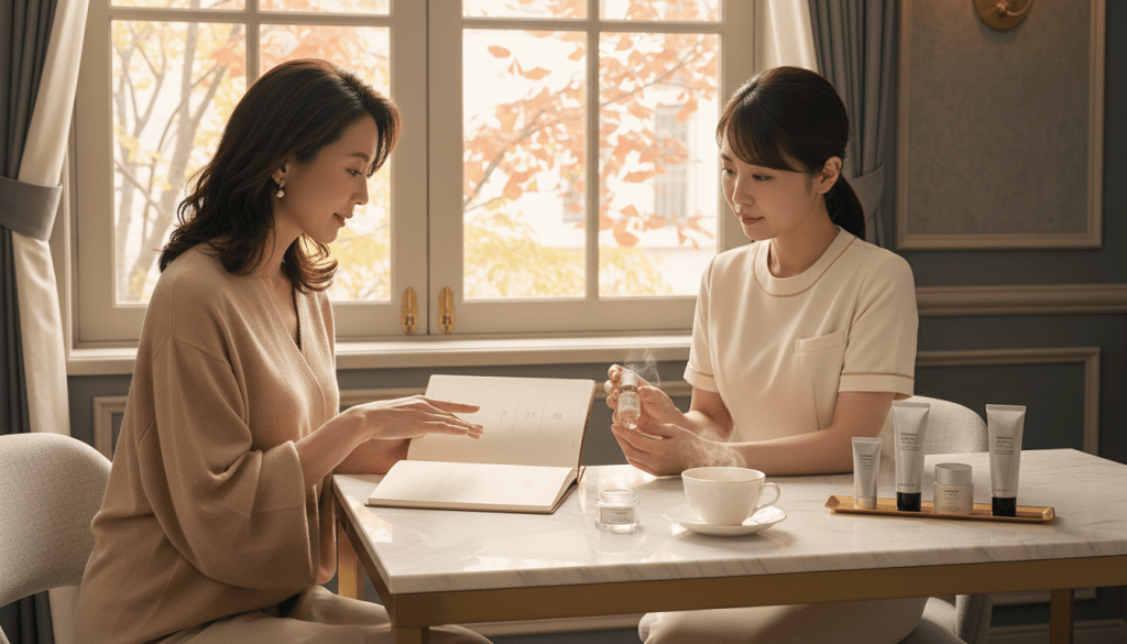 10月から年末まで計画的に肌管理を続ける大人女性の上質な美容プランニングイメージ