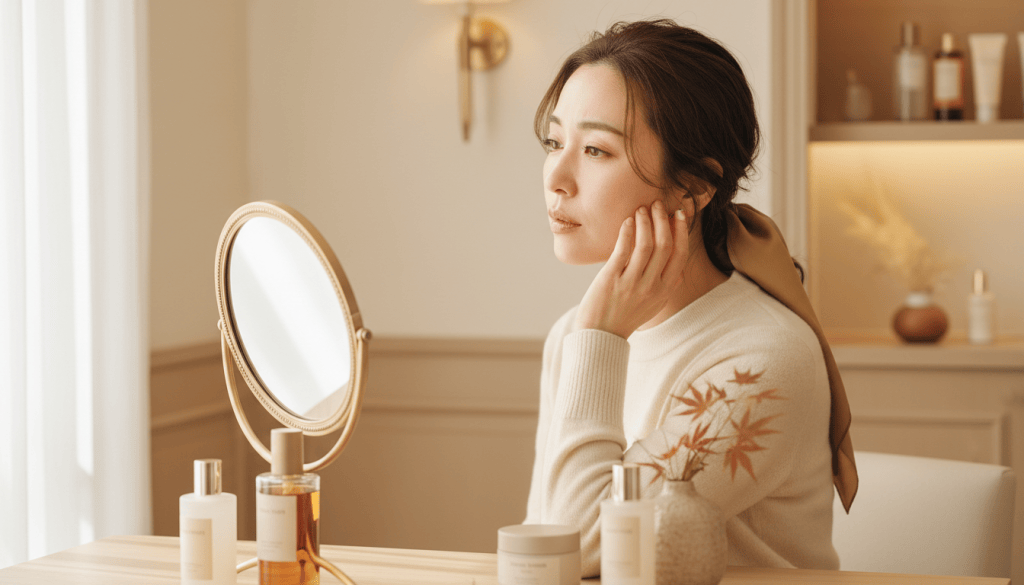 秋の乾燥毛穴が気になる大人女性の上質な肌管理イメージ